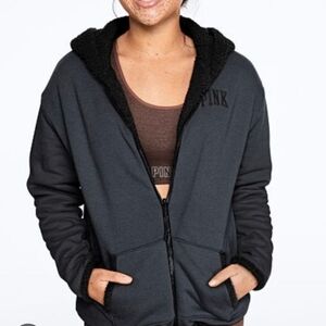 VICTORIA'S SECRET NWT PINK Gray Black Sherpa Soft Reversible Full Zip Hoodie